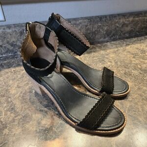 Frye‎ Brielle Scallop Back Zip Ankle Strap Sandals Black Size 9.5